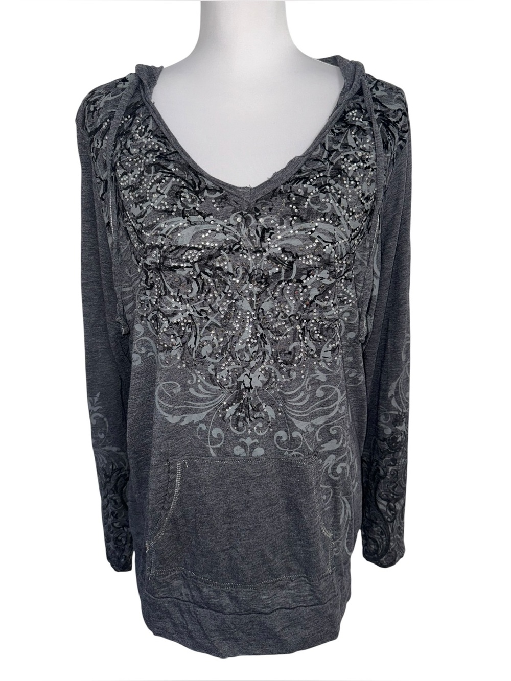 Maurices Gray Rhinestone Hoodie Top Size 2 Y2K Goth Grunge Mcbling